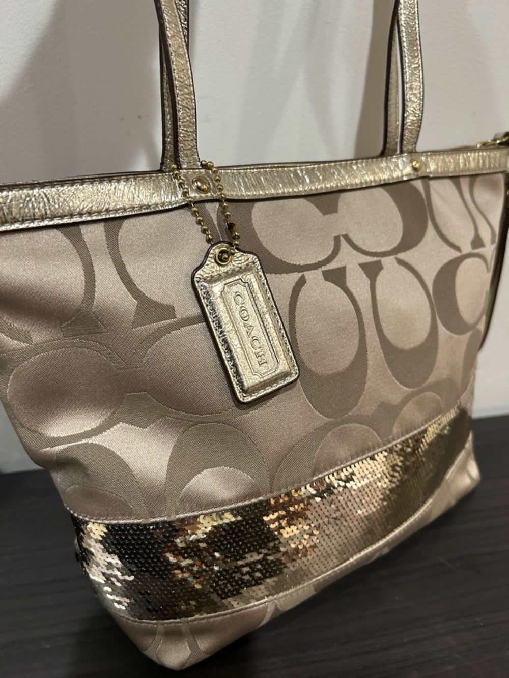 Coach Signature Stripe Tote Bag with metallic gold sequin accents EUC - Picture 10 of 13